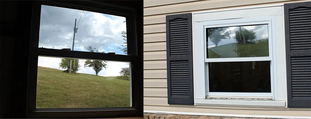 The top pane has solar window film applied, the bottom pane does not.