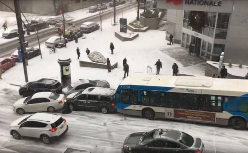 Crazy care pileup in Montreal. How to control a slide in icy conditions.